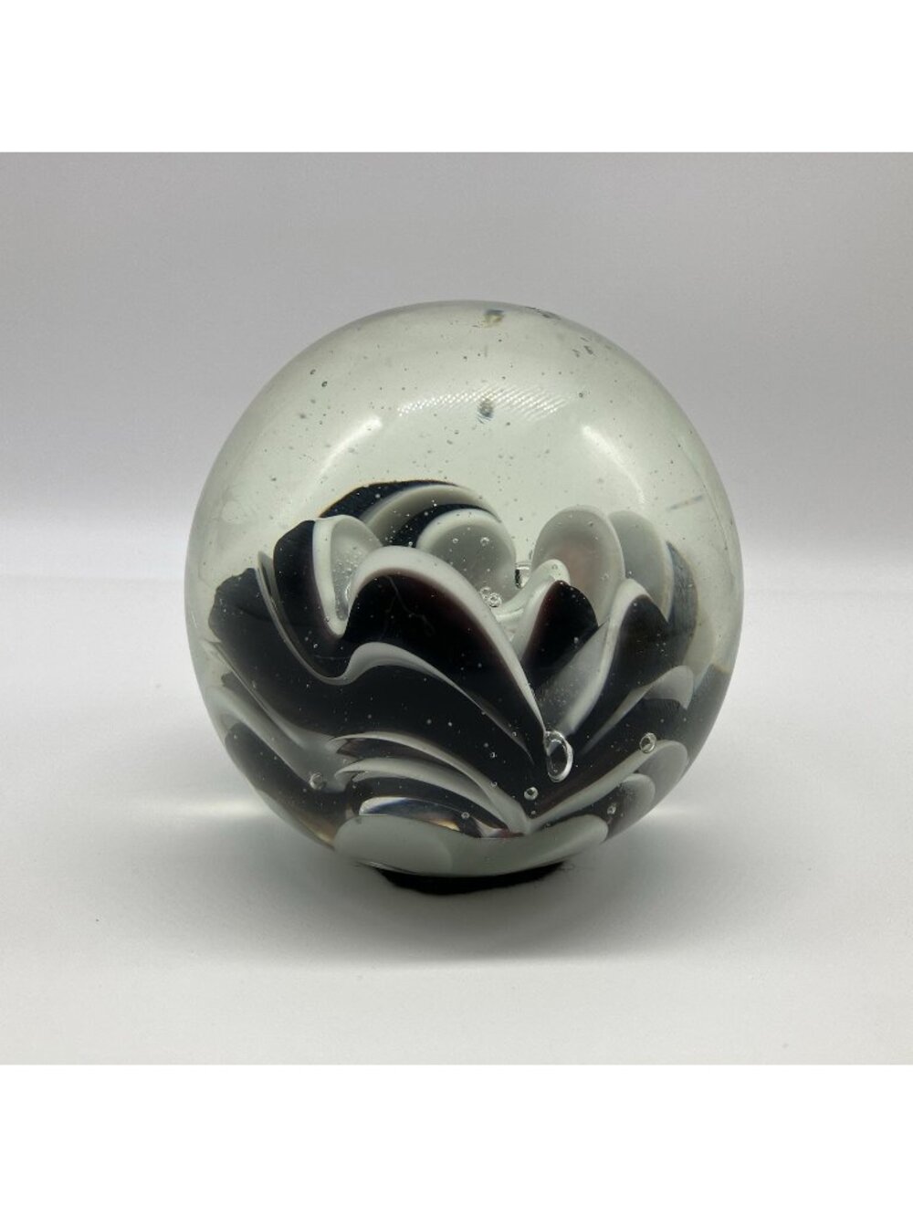 Vintage Art Glass Black White Floral Swirl Paperweight 3.25” - W18